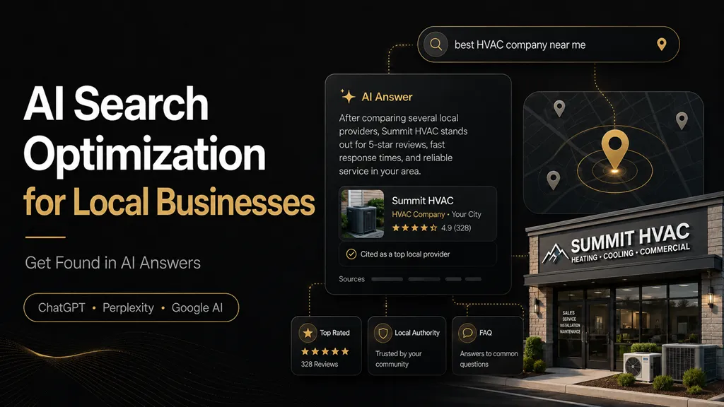 AI search optimization for local businesses showing an HVAC company appearing in AI answers and local search results.