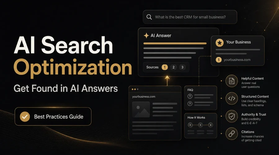 AI search optimization best practices featured image showing AI answers, citations, helpful content, and structured content signals.