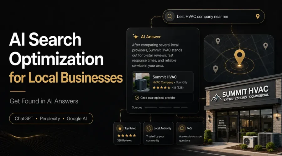 AI search optimization for local businesses showing an HVAC company appearing in AI answers and local search results.